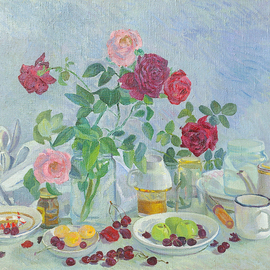 Moesey Li: 'Roses on my table ', 1980 Oil Painting, Floral. Artist Description: realism, still life, roses, table, cherry, dishes...